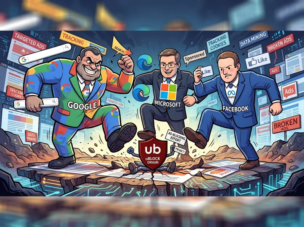 Cartoon, wie die Werbebranche auf uBlock Origin herumtrampelt